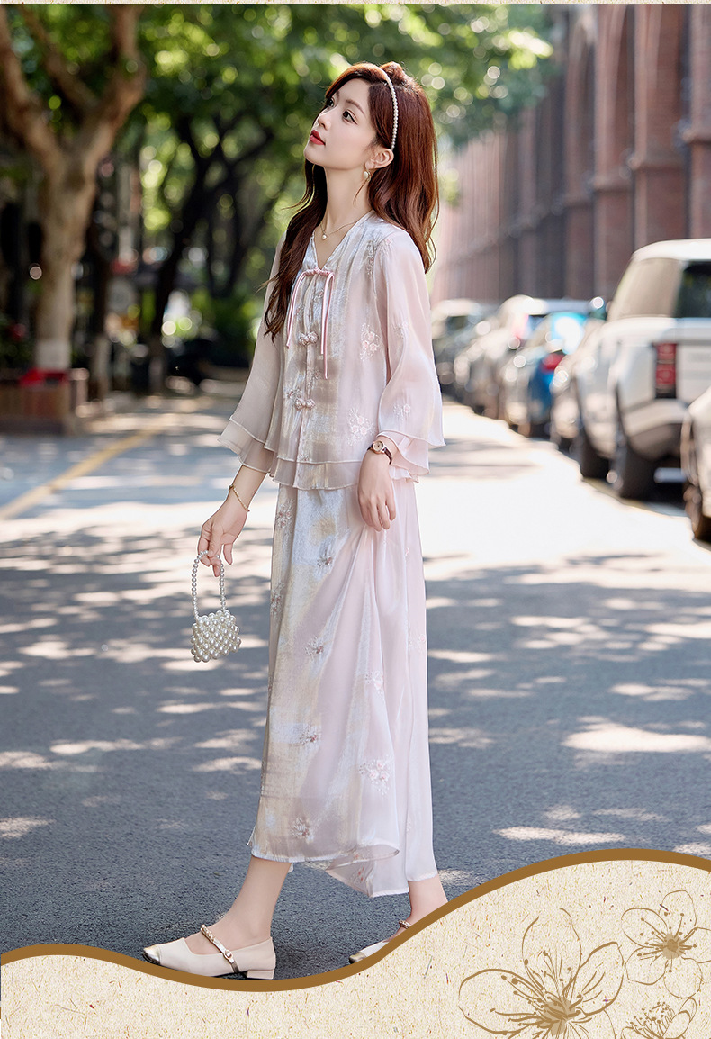 Bộ đầm maxi nữ thắt eo phong cách Trung Hoa mới tay ngắn cổ đứng — Màu như hình chi tiết 10