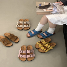 厚底双扣带软木底踩屎感拖鞋防滑沙滩鞋凉鞋粉色博肯鞋女真皮复古