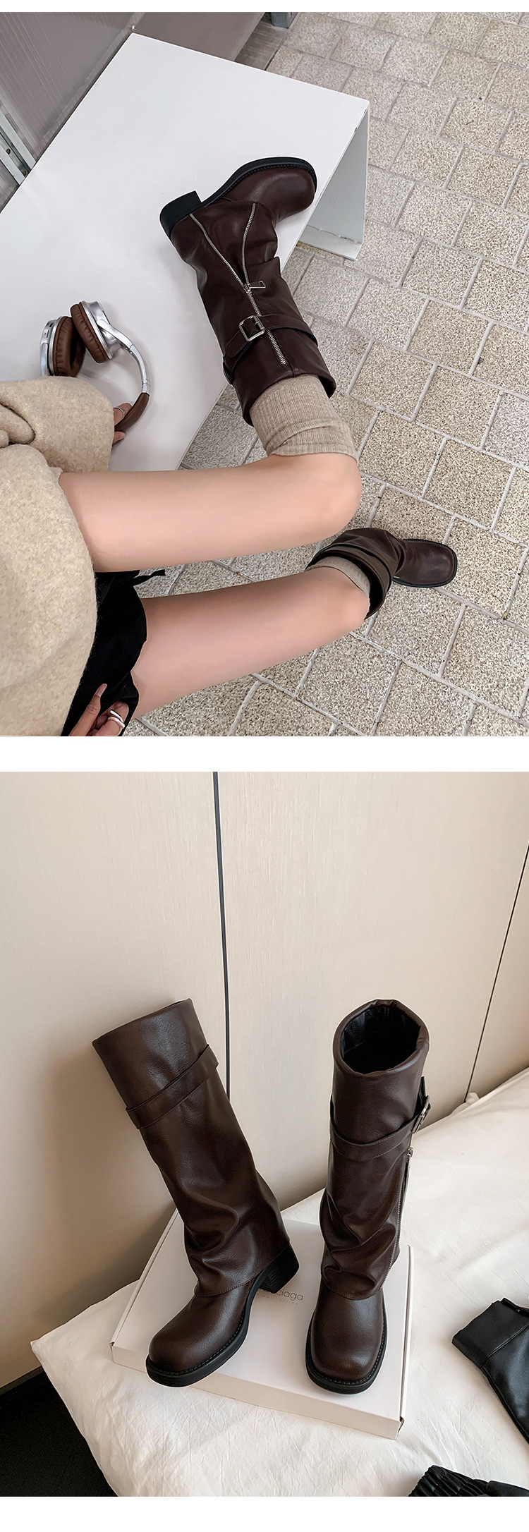 Boot nữ cổ cao ôm bắp chân da thật mũi tròn gót vuông Chunky khóa thắt lưng — màu đen, nâu đậm chi tiết 10