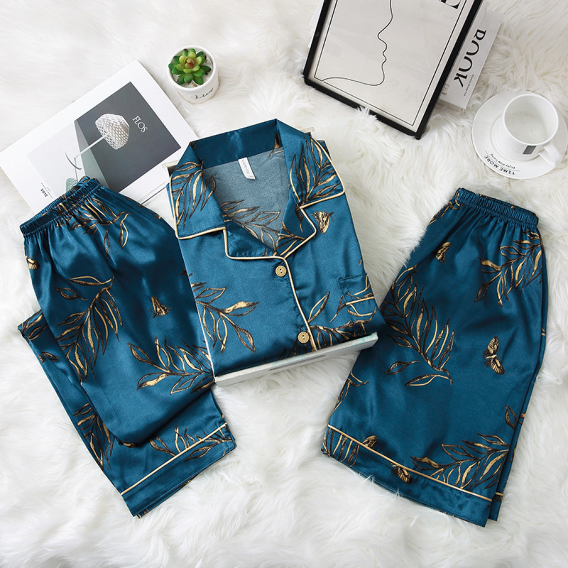 2024 nuevos pijamas de los hombres de verano de seda de hielo manga corta de alto grado de seda real se puede usar fuera de traje de tres piezas
