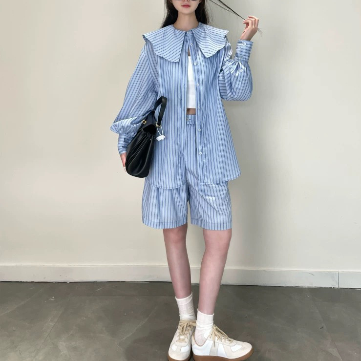 Spot Fb Nautical Style Sea Salt Blue Pinstripes Doll Collar Shirt Retro Girl Playful Shorts Suit Women's Clothing