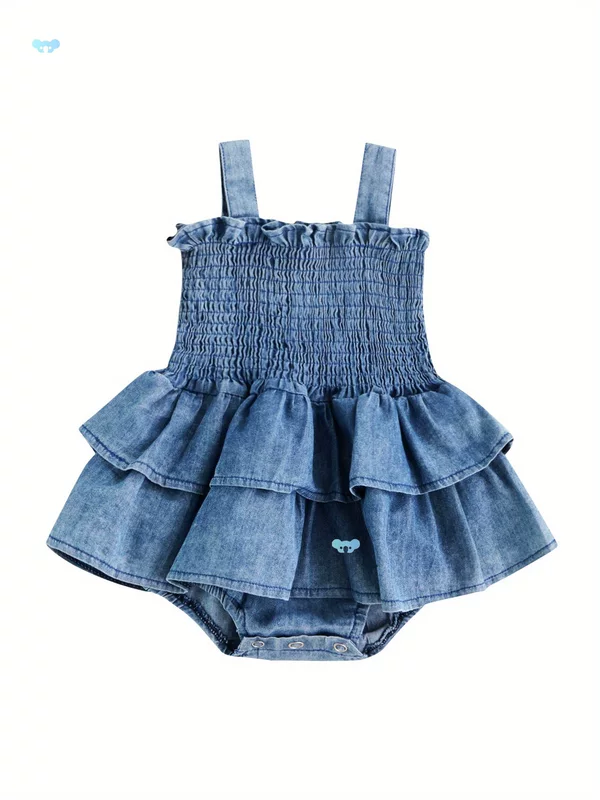 Adorable Blue Denim Baby Girl Romper Dress Sleeves