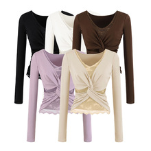 假两件蕾丝拼接长袖T恤女2025秋季纯欲辣妹V领扭结修身打底上衣