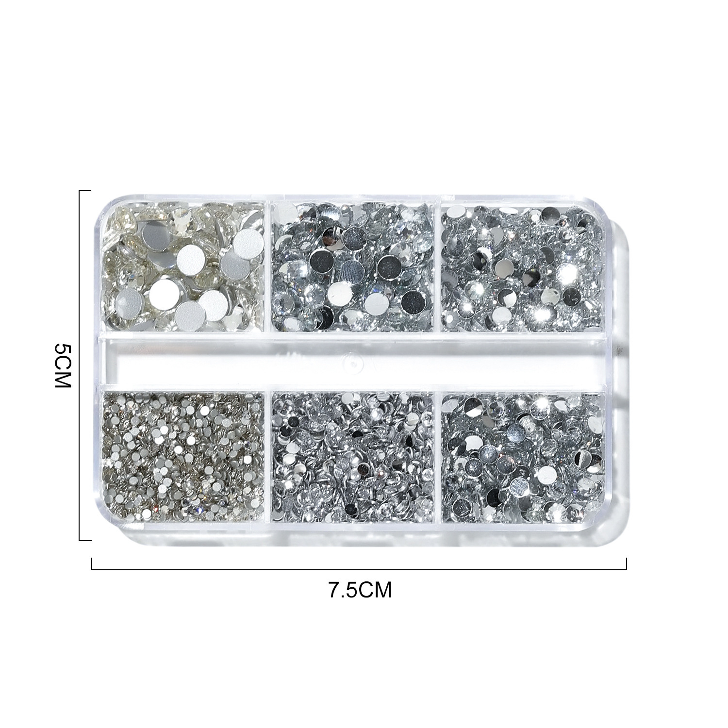 Cross-border Especial 6-grid Caja Mixta joyería de uñas transparente cuadrado plano espejo de diamante en forma especial Aurora uñas Rhinestone