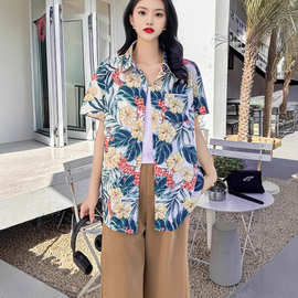夏季大码胖哥哥装复古水墨画扎染衬衫宽松显瘦遮肉短袖男上衣外套