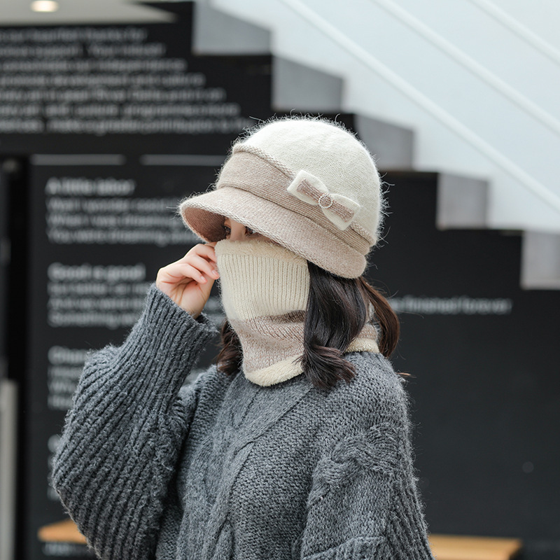 韩版冬季妈妈针织帽加绒加厚中老年兔毛帽女保暖帽子围巾两件套