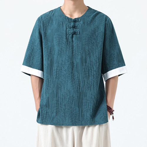 Summer Chinese-style patterned shirt for men, large size Tang suit Hanfu, five-pointed sleeve collared shirt, half-sleeve printed round collar shirt
