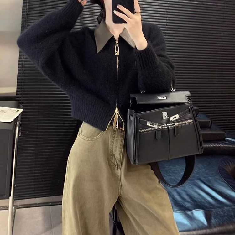 유럽의 고급 가죽 폴로 칼라 스티치 여성용 양방향 지퍼 게으른 스타일 재킷 서양식 니트 가디건