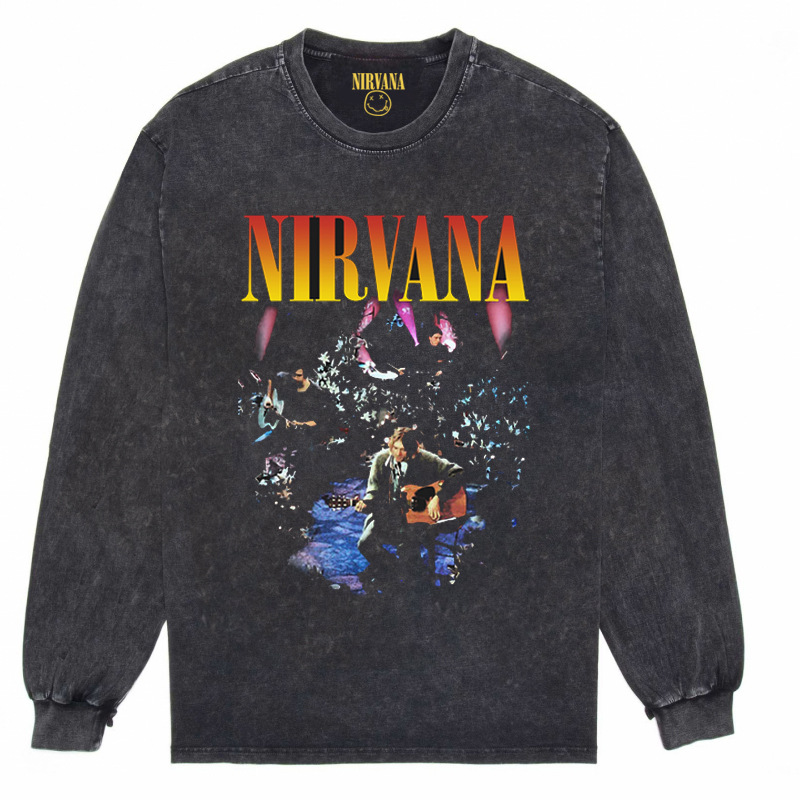 Nirvana Vintage American retro apenado rock punk angustiado lavado batik Camiseta de manga larga