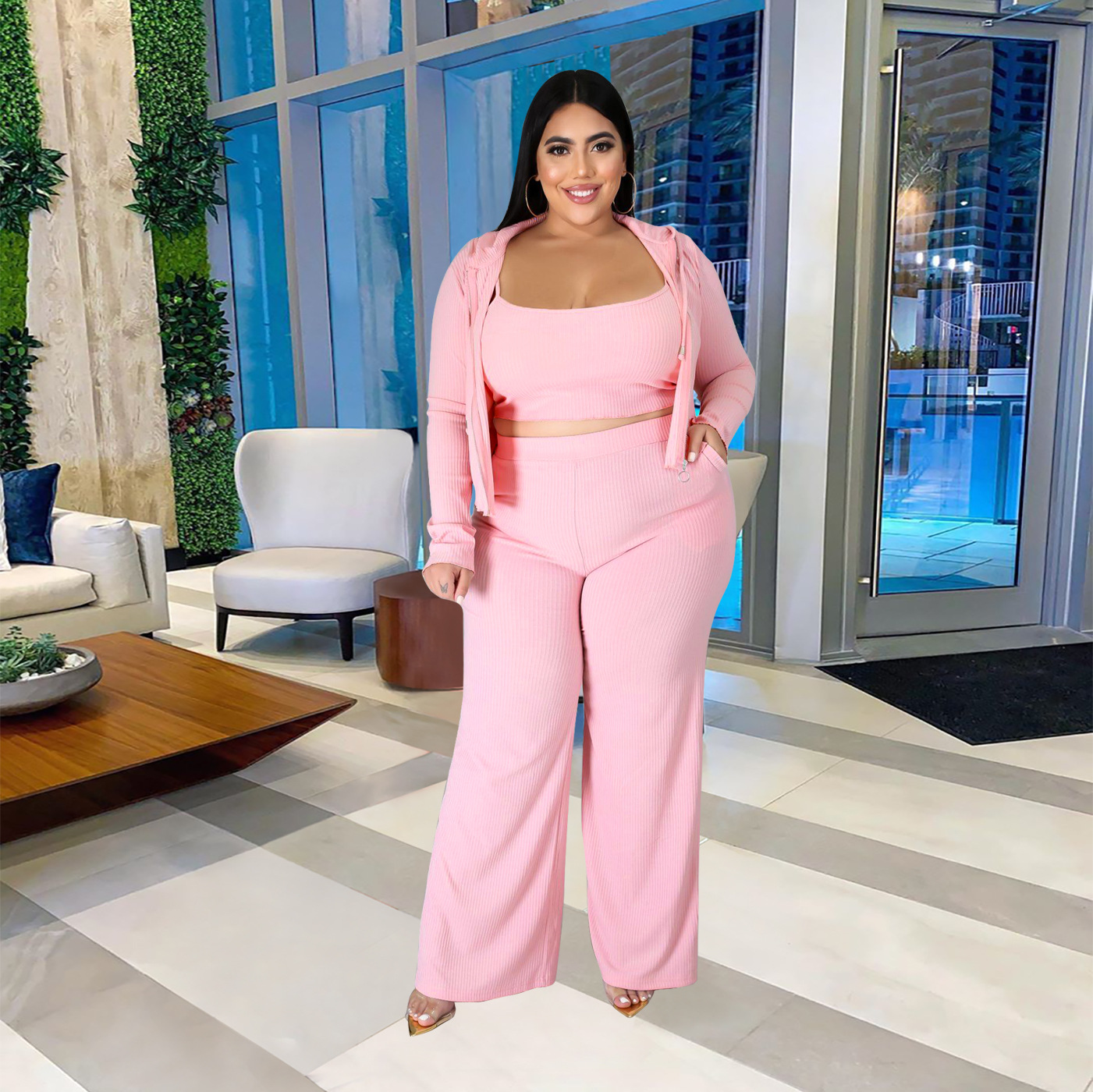 women plus size sweatshirt tube top bell-bottoms three-piece lounge set nihaostyles clothing wholesale NSBMF80103