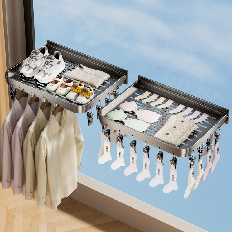 Balcony folding drying rack non-perforated drying net multi-clip drying socks shoes basket space aluminum indoor drying rack