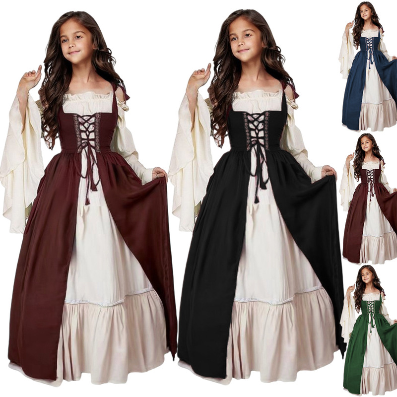 Halloween Costume Amazon Explosions European and American Square Collar Bundle Waist Medieval Renaissance Vintage dress