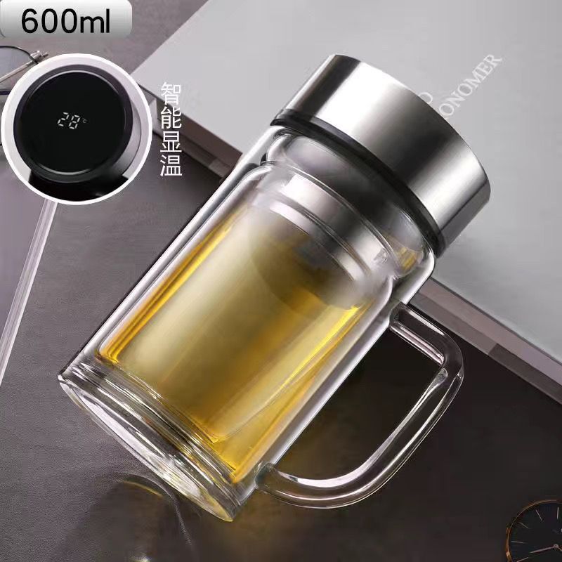 Double-layer glass water cup for men, anti-fall, thickened, shatterproof glass tea cup for men and women, home-use drinking cup with temperature display