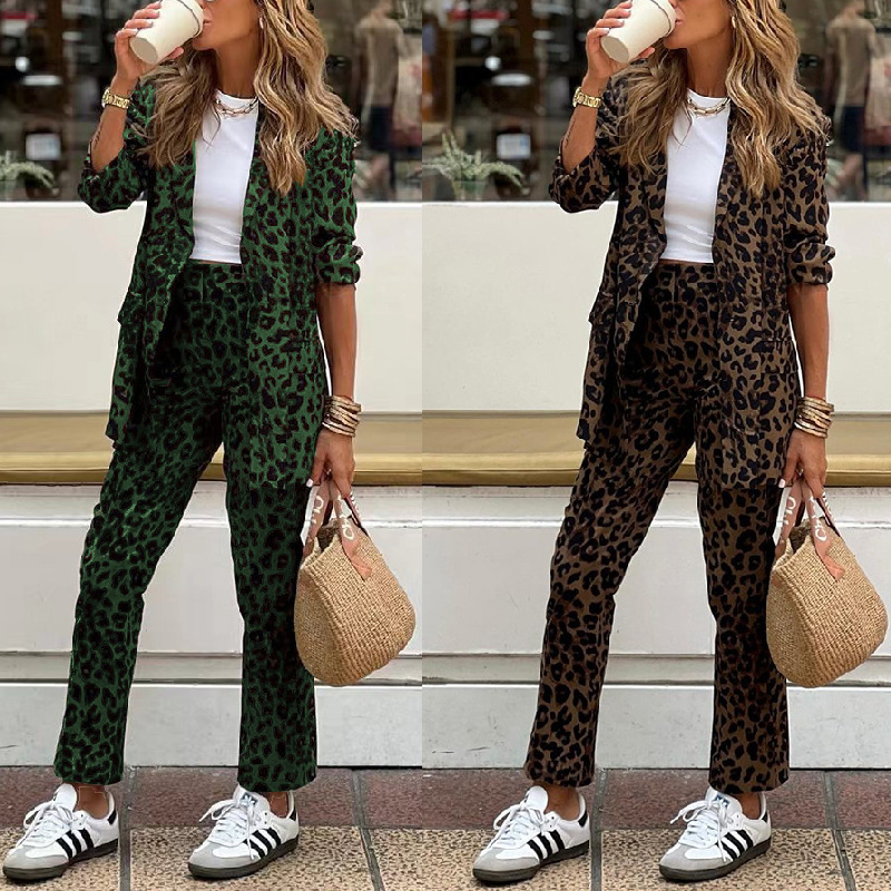 2024 New European and American Cross-border Fall/Winter Women's Leopard Print Casual Fashion Cardigan Jacket Suit suit Pants