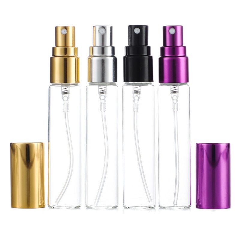 Botella de spray pequeña de vidrio en stock, botella de perfume recargable de viaje, botella de spray cosmético hidratante, botella de spray para protector solar.