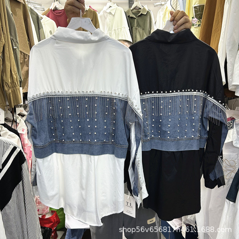 Designed Denim Patchwork Rhinestone Tassel Loose Long-Sleeved Shirt for Women, New Autumn Style Shirt Top with European and American Design