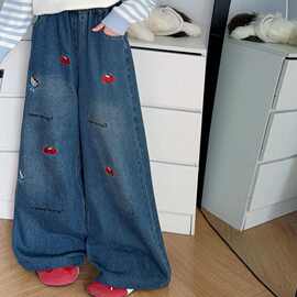 2025女童冬季加绒加厚刺绣KT猫牛仔阔腿裤2543款加绒牛仔裤