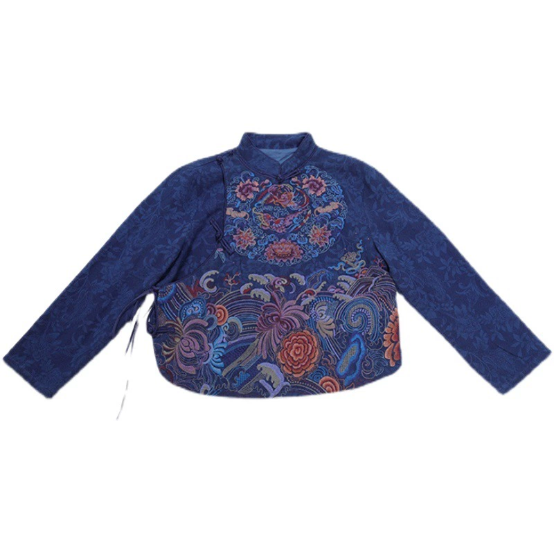 Real Shot Национальный стиль Тяжелая промышленность Ретро Старый вышитый халат Kei Улучшенная Пряжка Частичный разрыв Короткая куртка Цельный Топ