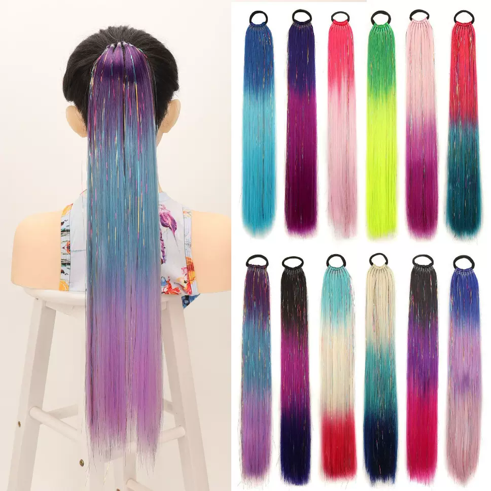外贸9股辫七彩金银丝EZ脏辫假发马尾彩色渐变镭射丝辫子马尾假发
