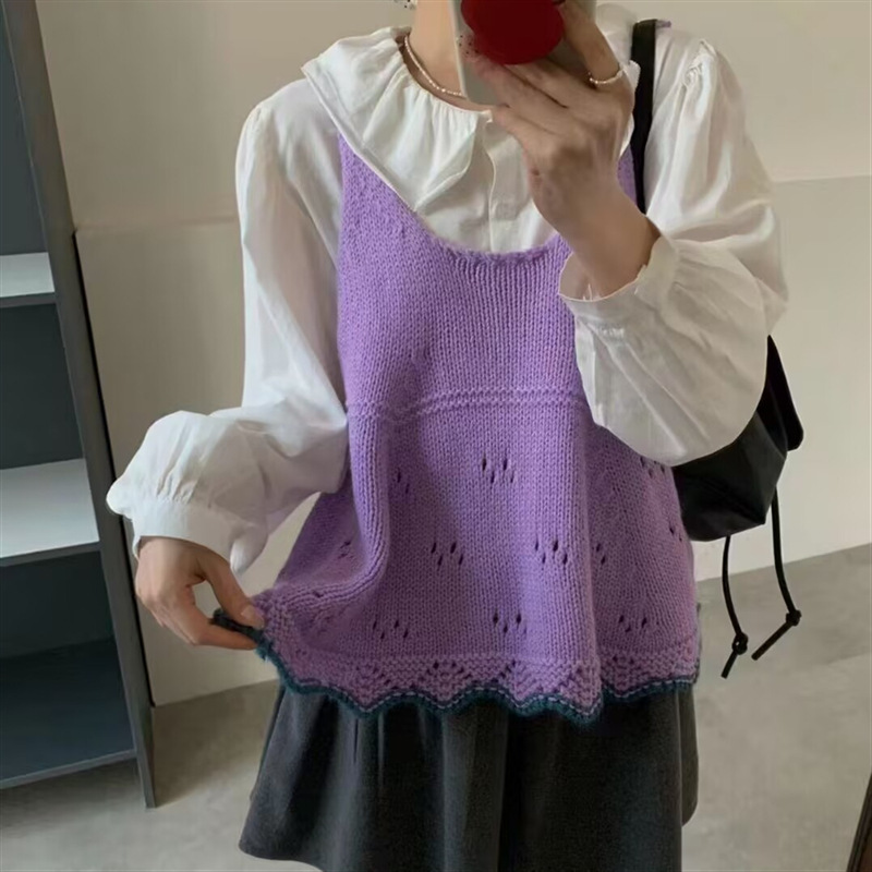 Sweet Style Youthful-Looking Small Suspender Sweater for Women, Spring and Autumn Hollow Lace Outerwear Top, Korean Style Layered Knit Vest