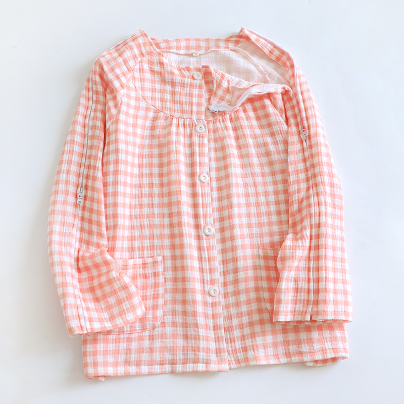 여성용 라이트 핑크 체크 무늬 거즈 간호복 싱글 탑