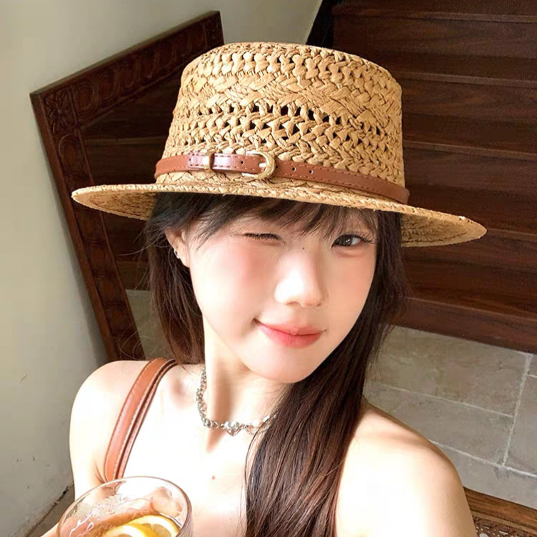 复古老钱风平顶草帽女夏镂空遮阳防晒帽子海边沙滩度假草编太阳帽|undefined
