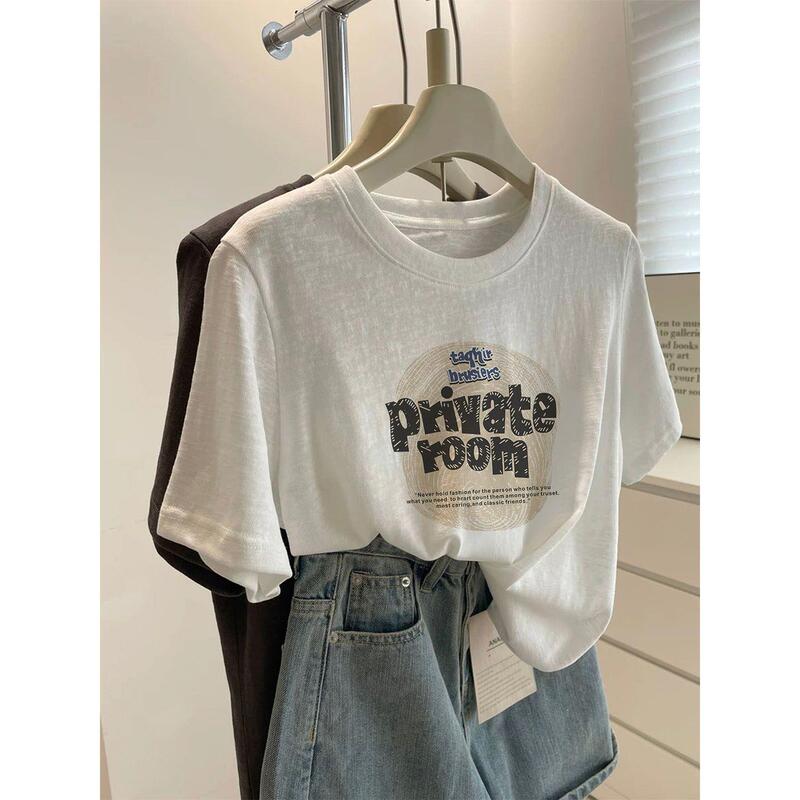 2026 Trendy Round-Neck Snowflake Cotton Short-Sleeve T-Shirt for Women, White Korean Style, Youthful Versatile Slim-Fit Top, Summer Thin Version