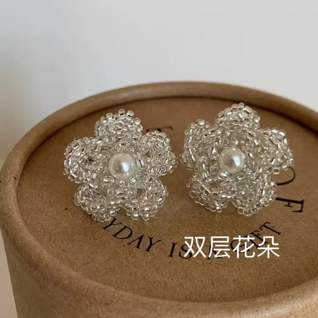 suit Holiday Style Beaded Double-layer Flower Earrings New Niche Design Gentle Elegant Ear Stud Ear Clip Women's Ring