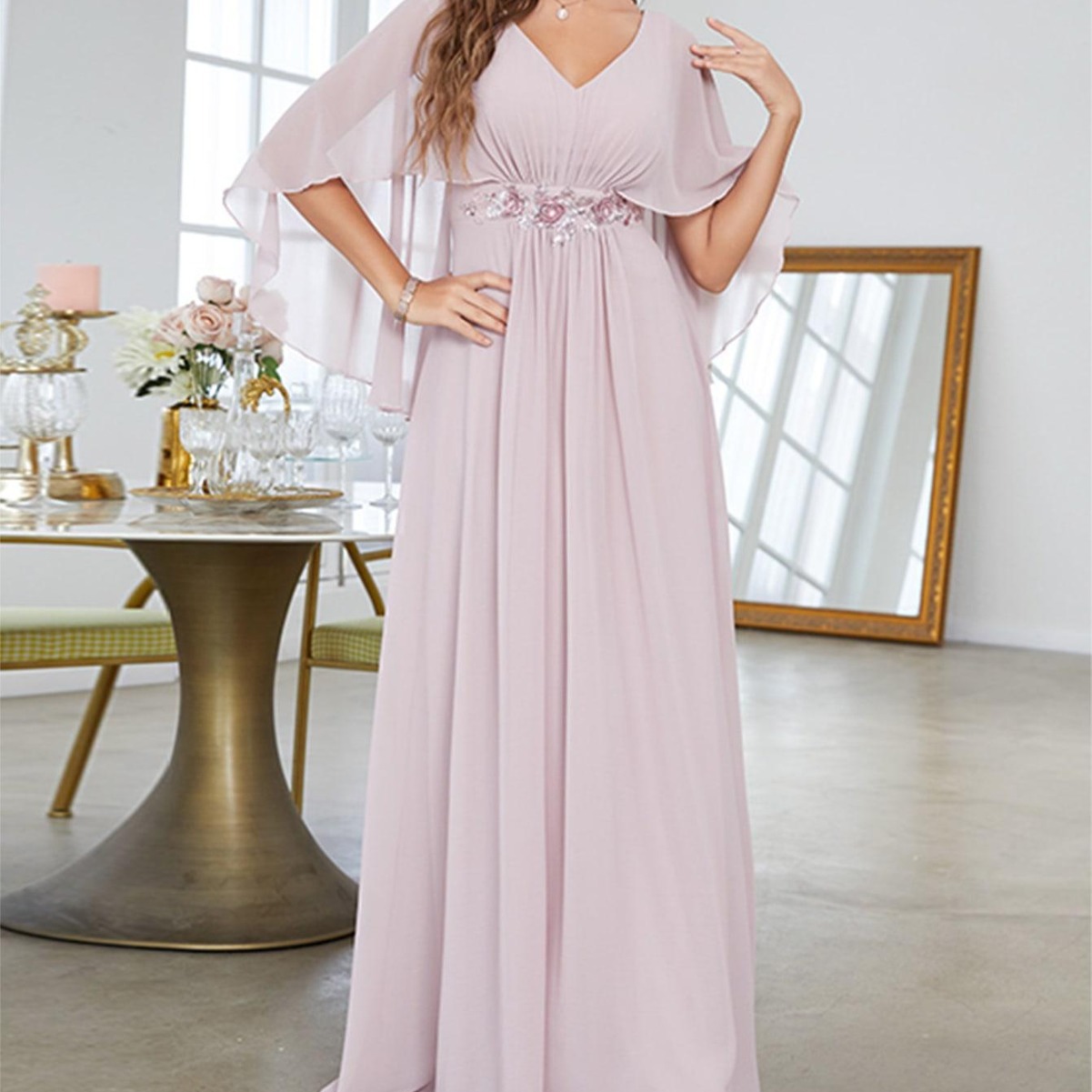 Vestido de Noche con Lentejuelas de Poliéster con Mangas Acampanadas para Fiestas