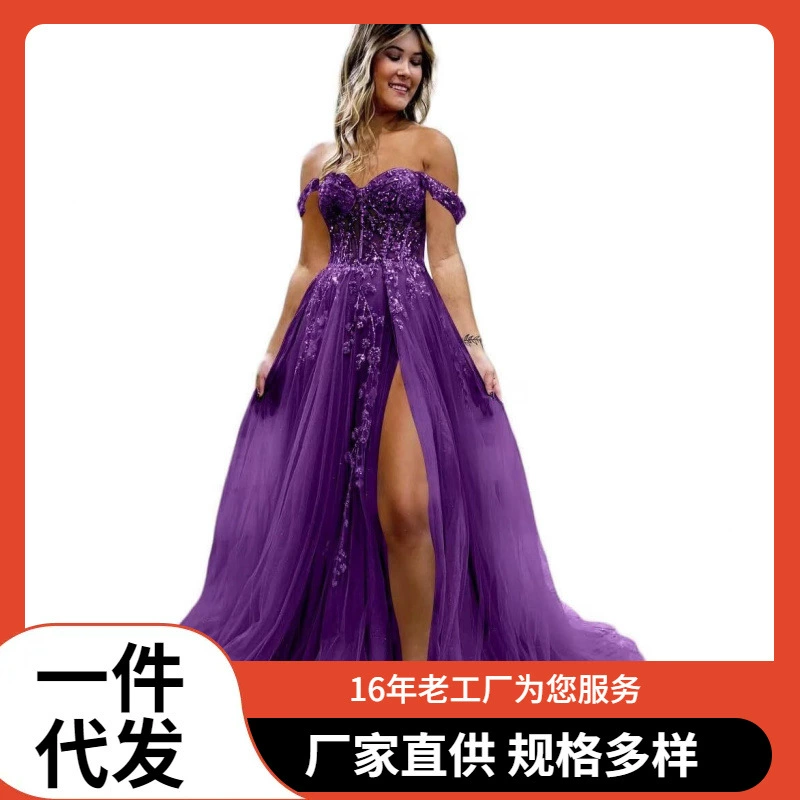 Вечернее платье больших размеров с длинной кружевной аппликацией, глубоким разрезом и сетчатой вставкой для внешней торговли 2025 года.