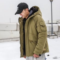 工装綿衣男は冬にベルベットをつけて潮牌を厚くした日系復古ゆるい黒色カジュアルコートと帽子綿服男