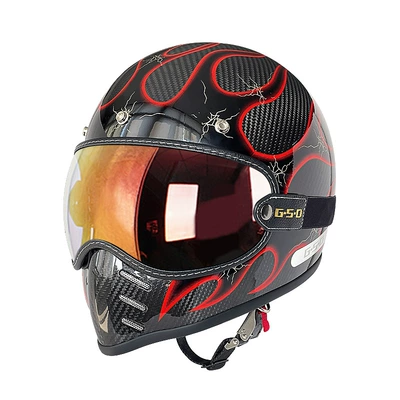 Motosiklet kaskı (dəbilqə) — Fiber Retro Motorcycle Helmet Full-Face Electric - 3k-red-flame-color-mirror-m55-56