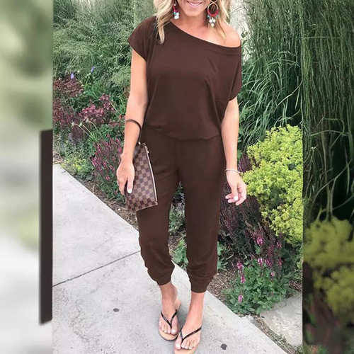 Hot-selling new products, 6-color spring and summer fashionable slanting shoulder short-sleeved pocket women's jumpsuit