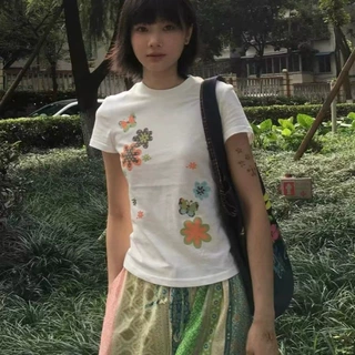 美式正肩t恤女夏季花朵印花白色短袖重磅vintage修身显瘦圆领上衣