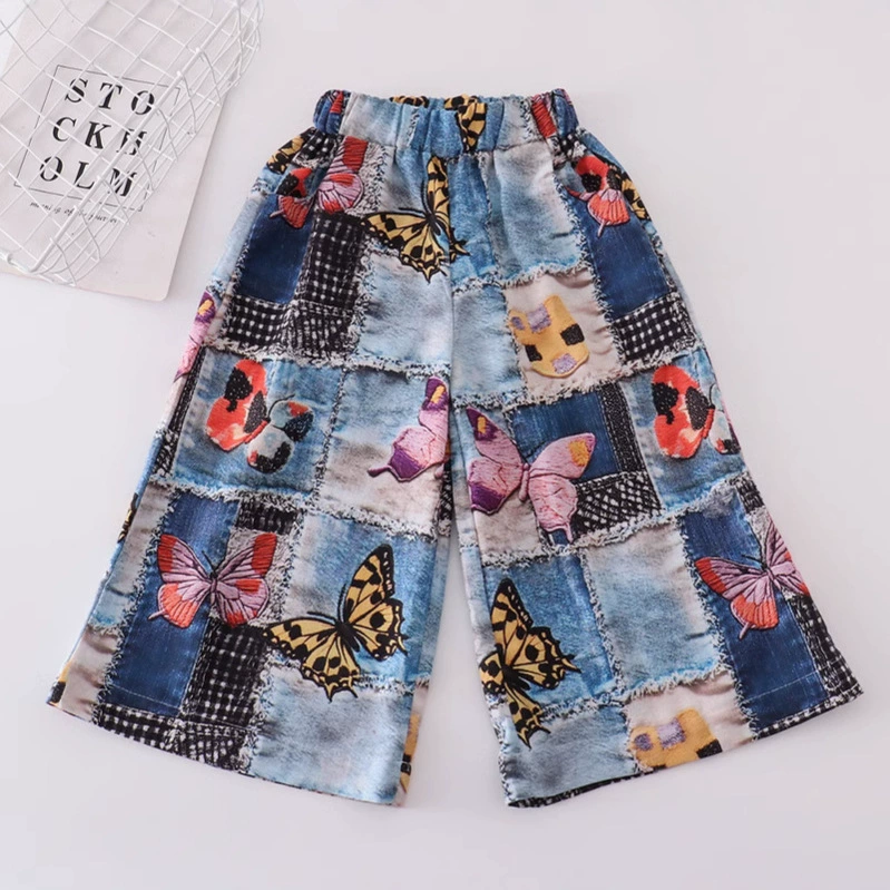 25-летние детские новые весенние и летние расклешенные брюки для девочек с тонким принтом прямые брюки