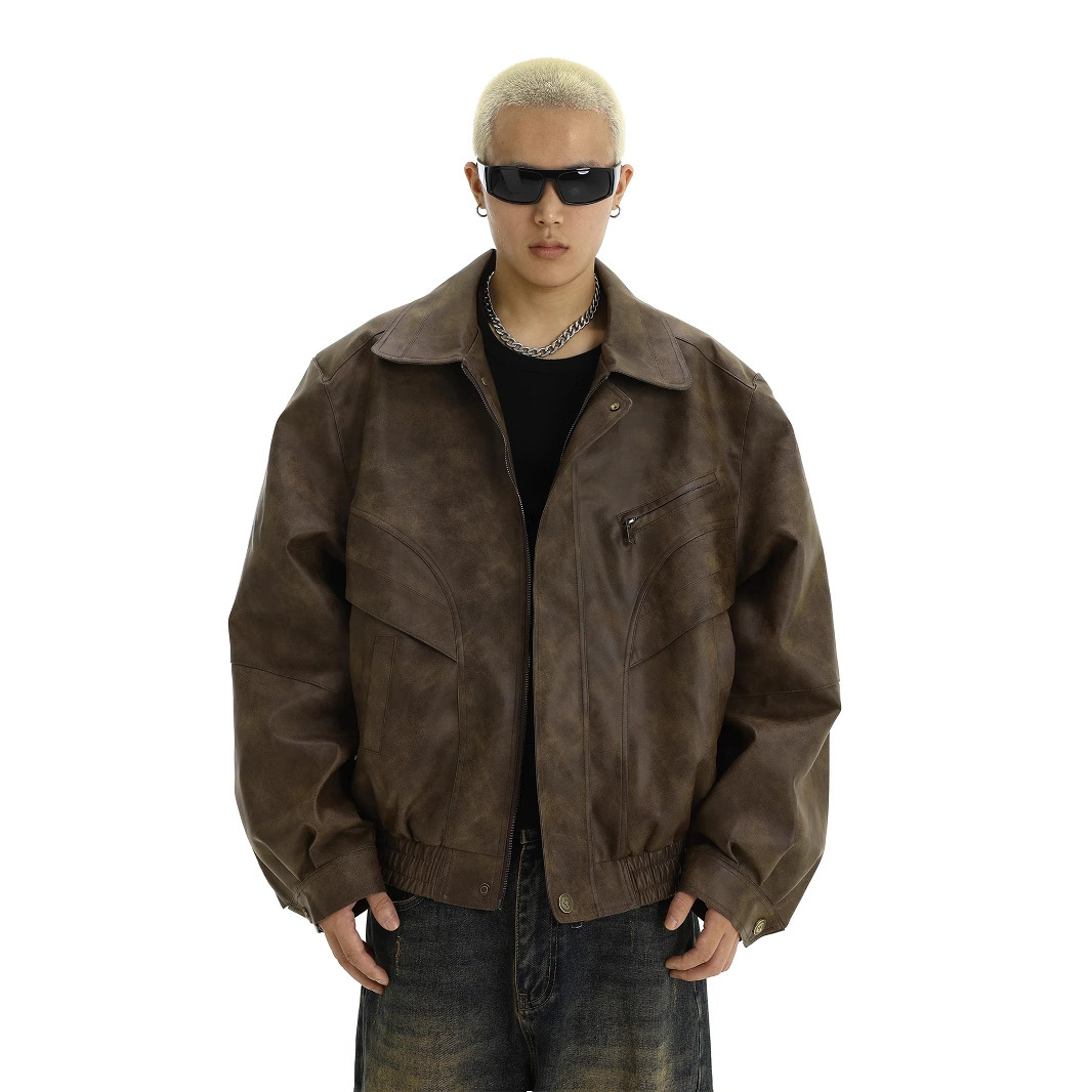 American-style retro distressed leather jacket for men, new spring and autumn style, cool and stylish, unique casual lapel jacket.