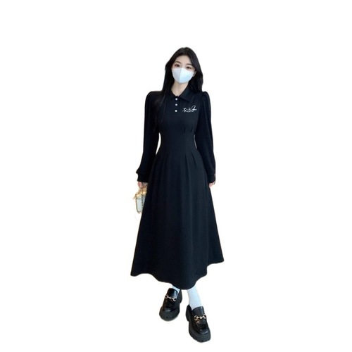 Design large size polo season dress for women, summer feel, waist-cinching butterfly bow black long dress for plus-size women, Hepburn style, slimming