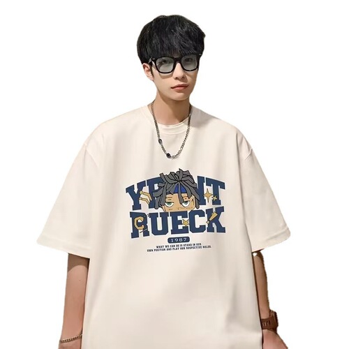  Summer New Arrival Men's Short-Sleeve T-Shirt: Heavyweight, Trendy Brand, American Retro Style, Loose Fit for Teens