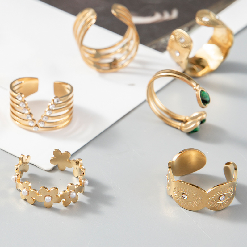 Fashion Geometric Stainless Steel Plating Artificial Pearls Zircon Open Ring