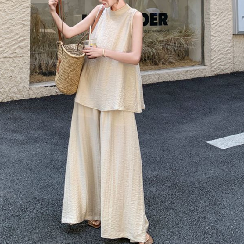 エレガントなノースリーブベストワイドレッグパンツスーツ女性のための夏の2025新しいライト大人スタイルカジュアルハイエンドツーピースセット|undefined