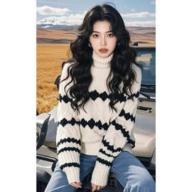 黑白撞色高领针织打底衫2024冬季新款高级感小个子内搭套头毛衣女