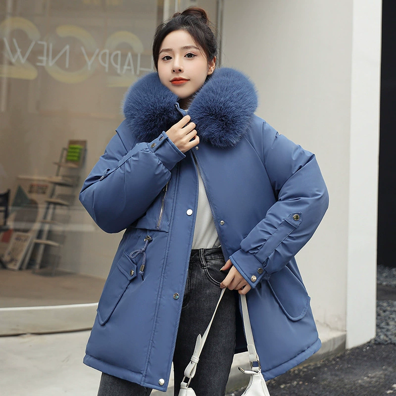 Парка с большим меховым воротником в Корейском стиле на флисовой подкладке, женская короткая зимняя одежда, красивое и элегантное утолщенное пальто с хлопковой подкладкой, модное пальто для внешней торговли