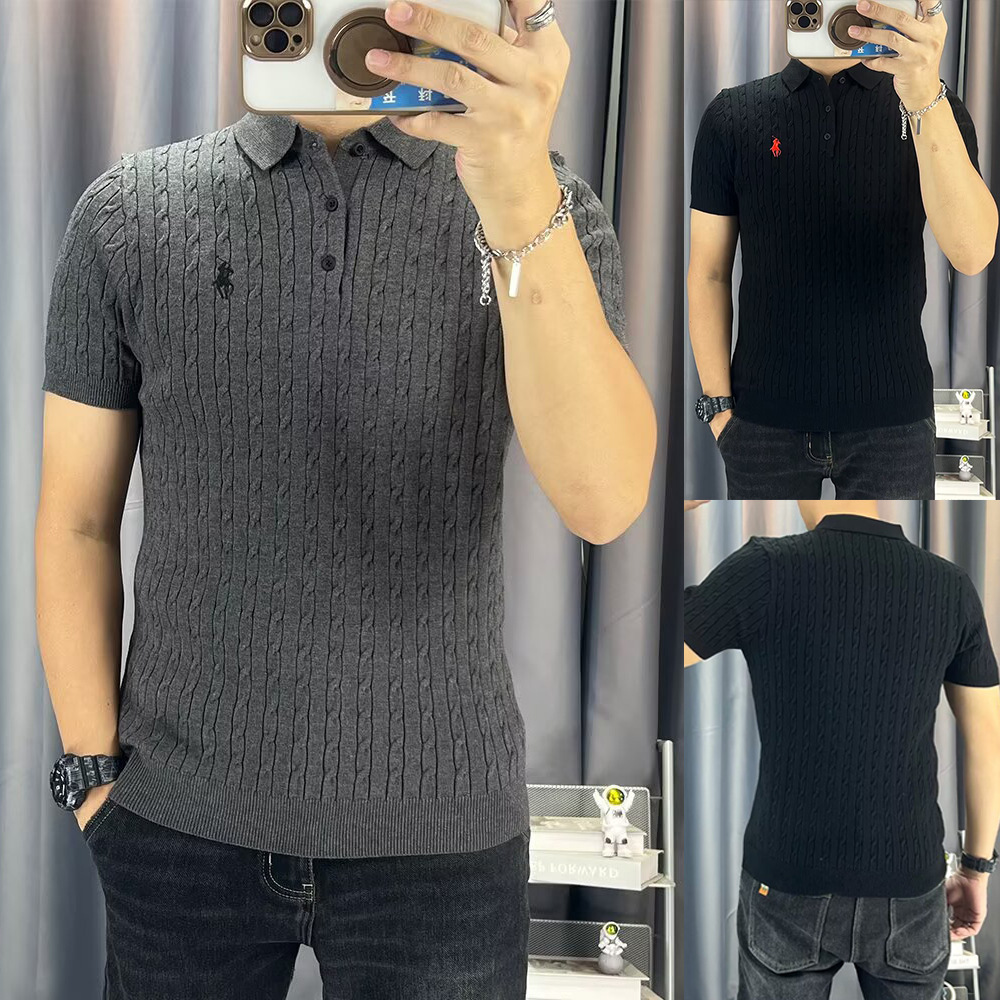 Kurzarm-Polohemd für Herren mit Zopfmuster und Reitsportstickerei – Lässiges Sommerhemd im Vintage-Stil_voghion.com