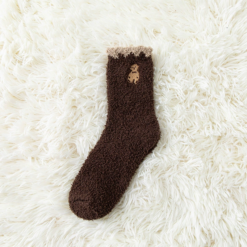 Coral velvet demi-season keep warm cartoon knee socks, with little bears, with embroidery, mid-length, increased thickness