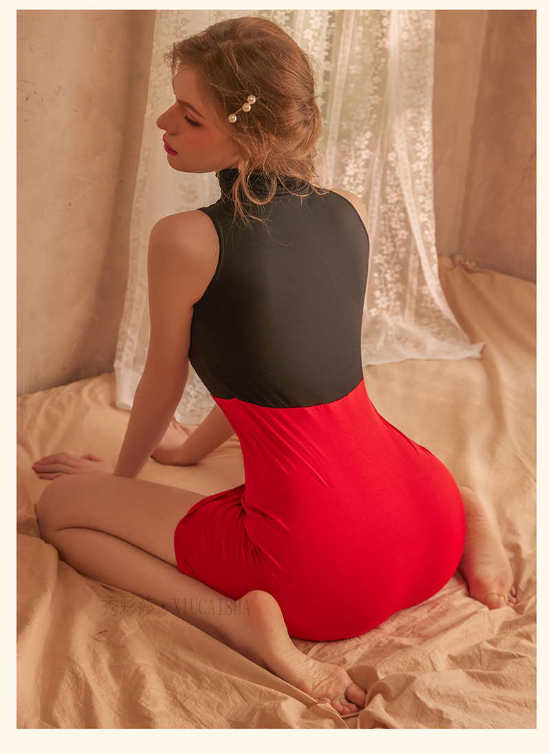 Secretary-Style Roleplay Lingerie Set, See-Through Bodycon Mini Skirt with Thong, Black-Red One Size — detail image 17