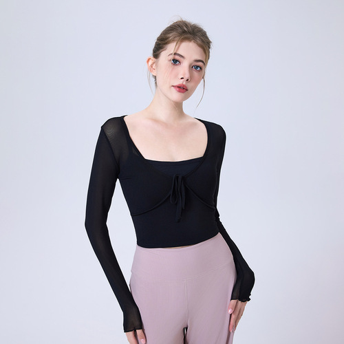 Fake two-piece contrasting bow mesh sports T-shirt women's long-sleeved yoga wear top with chest pad slimming fitness wear