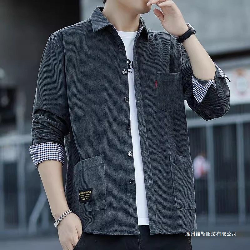 男士灯芯绒长袖衬衫春秋款耐麿衬衣外套新款休闲工装口袋宽松上衣