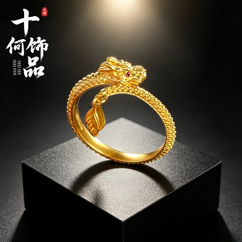 Chinese-style dragon-shaped gold-plated ring for women, adjustable open ring, light luxury vintage ring, new Chinese-style jewelry