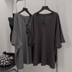 ファットMMプラスサイズ150kg韓国Vネックスリム半袖Tシャツ女性用夏怠惰なお腹カバールーズコットントップ
