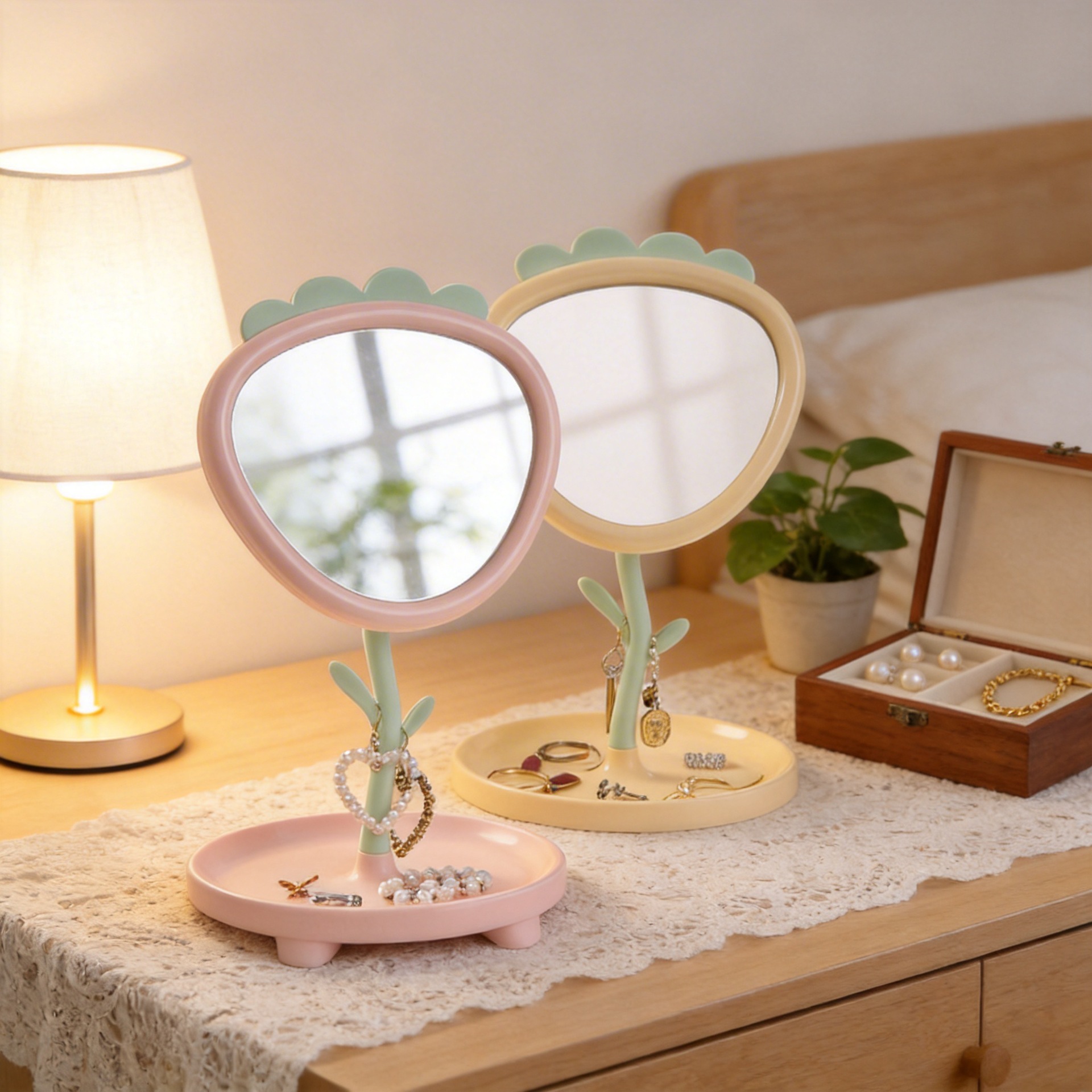 Espejo de fresa espejo de maquillaje de escritorio lindo dormitorio de estudiantes de niñas espejo de flores tocador de escritorio espejo de belleza